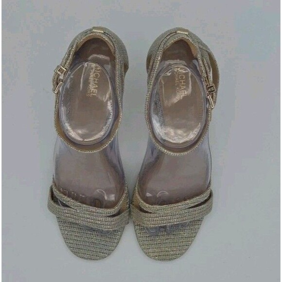 Michael Kors Ava Mid Sandal Heels Strappy Glitter Mesh Sand/Gold Color 8M EUC - Picture 4 of 10